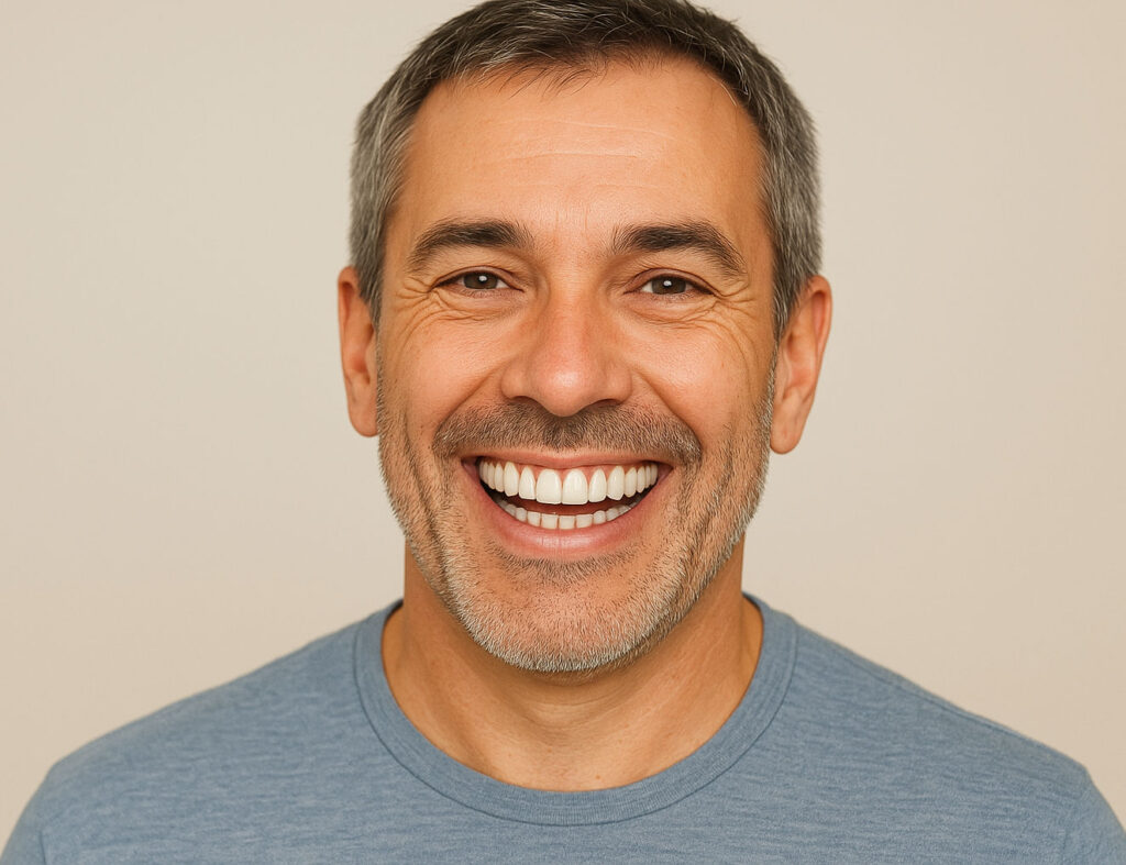 Happy patient smiling after All-on-4 dental implant treatment at South Street Dental Perth