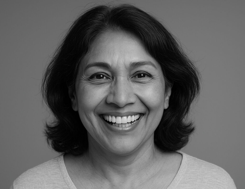Patient smiling with fixed full arch teeth supported by All-on-4 implants in Perth